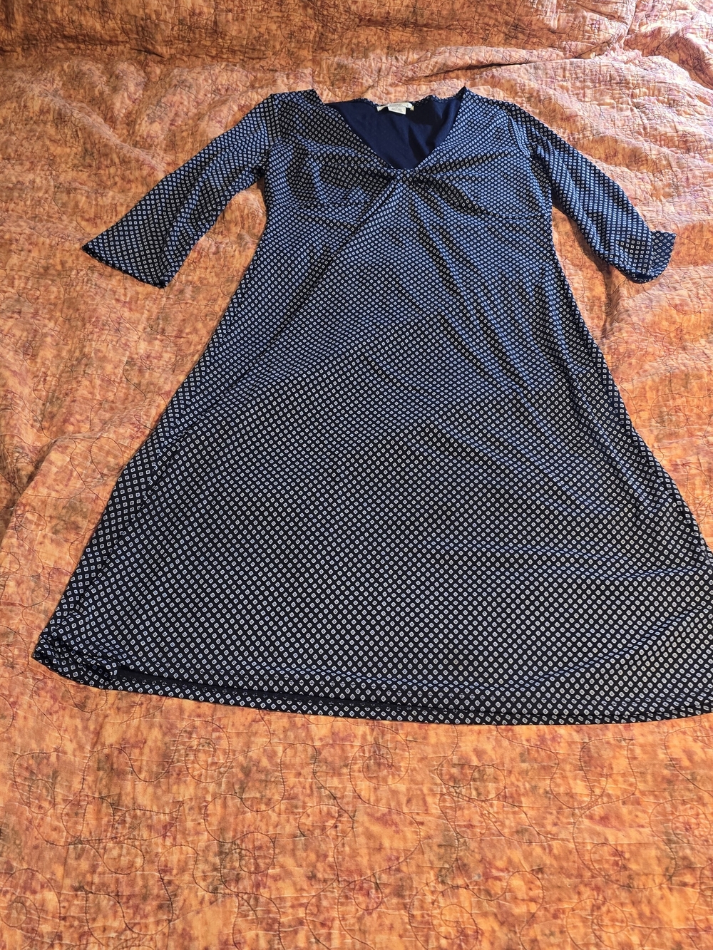 MICHAEL Michael Kors Navy Blue Geometric Dot V-Neck Dress 14 3/4 Sleeve Korea